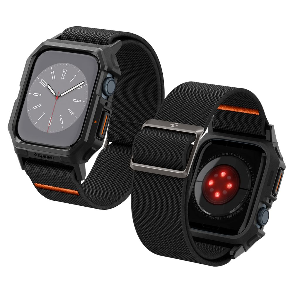 Una cassa di smartwatch nera con cinturino, che mostra un quadrante.
