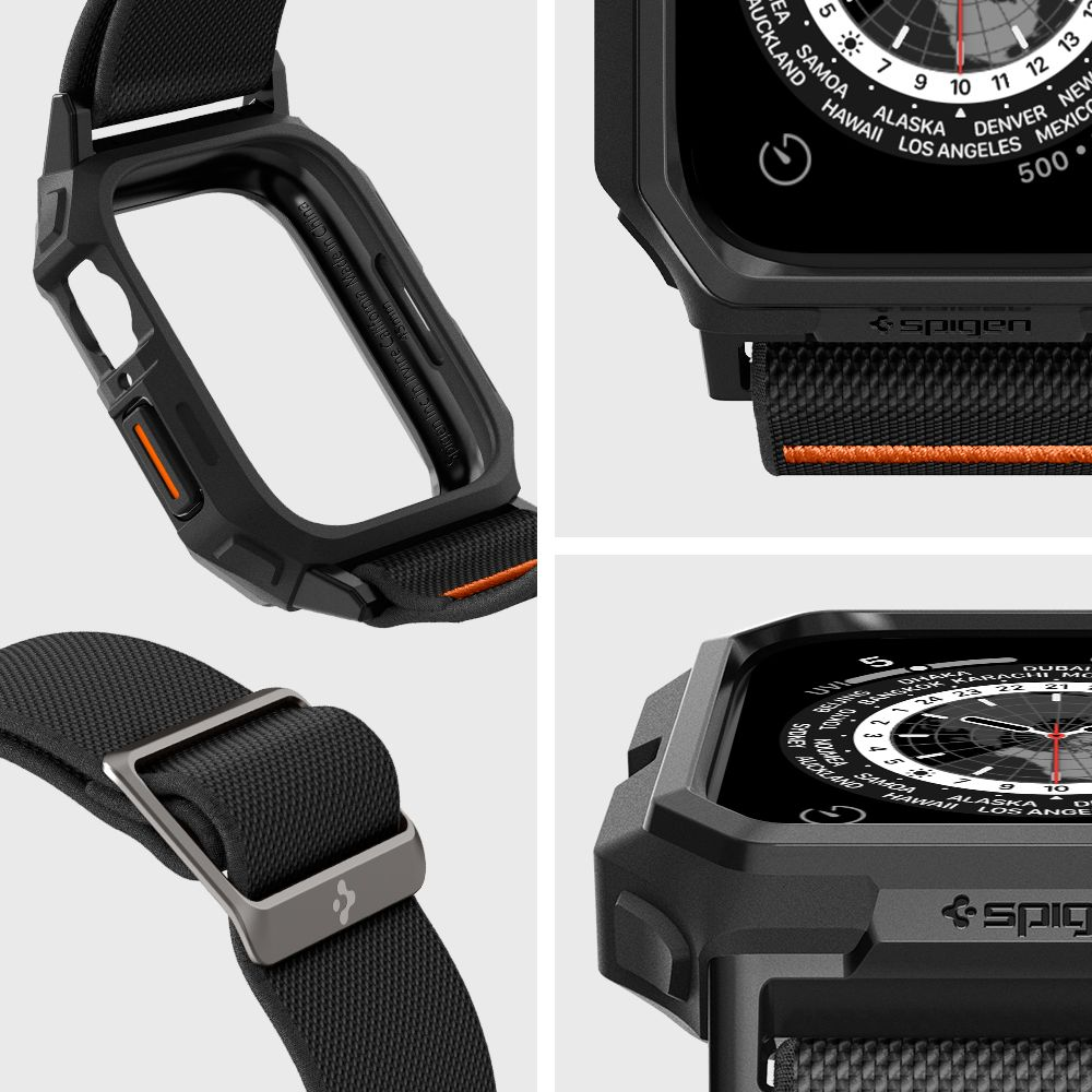 Cinturino per smartwatch nero e grigio con accenti arancioni.