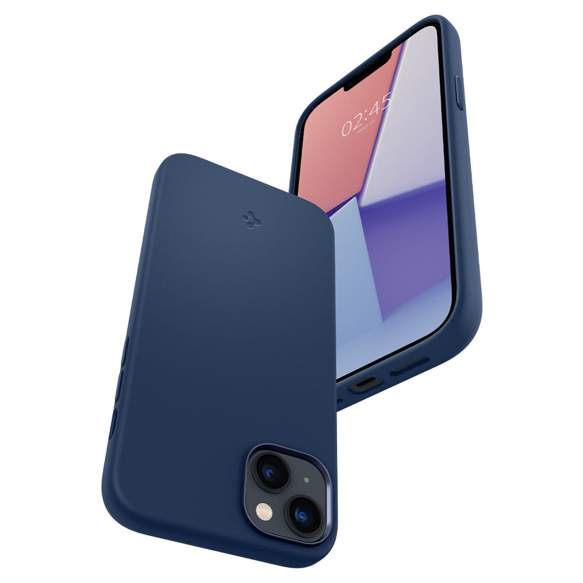 Custodia blu scuro su telefono, mostra fotocamera e schermo.