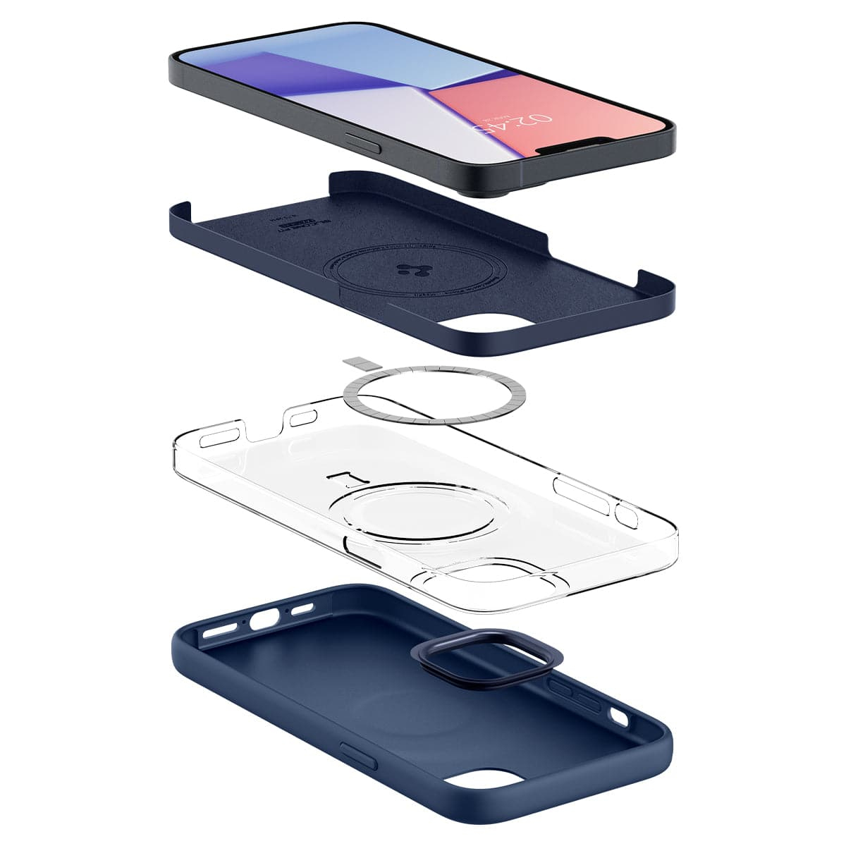 Vista esplosa di un iPhone con custodia protettiva e anello magnetico.