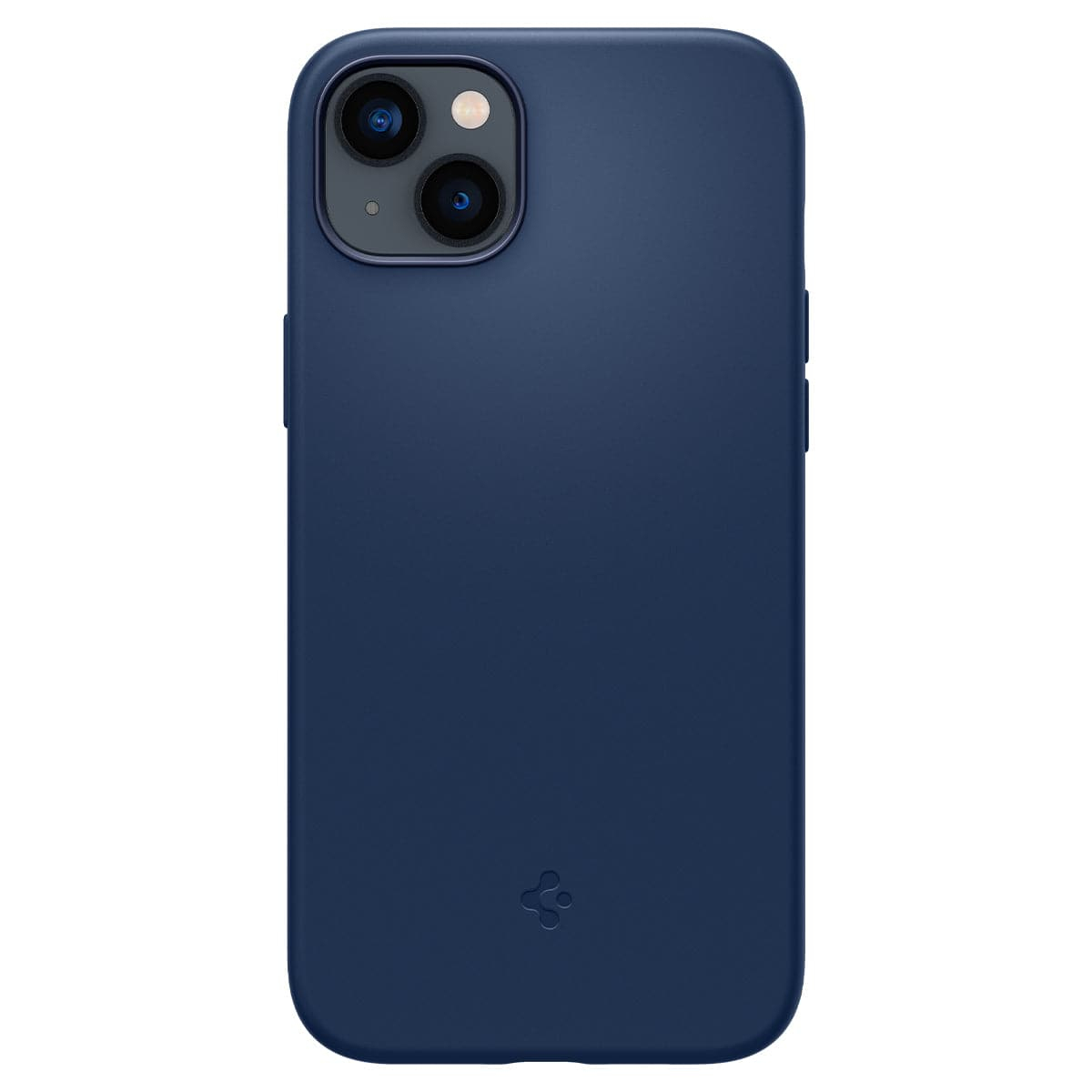 Custodia blu scuro per telefono con due fotocamere e logo su sfondo bianco.