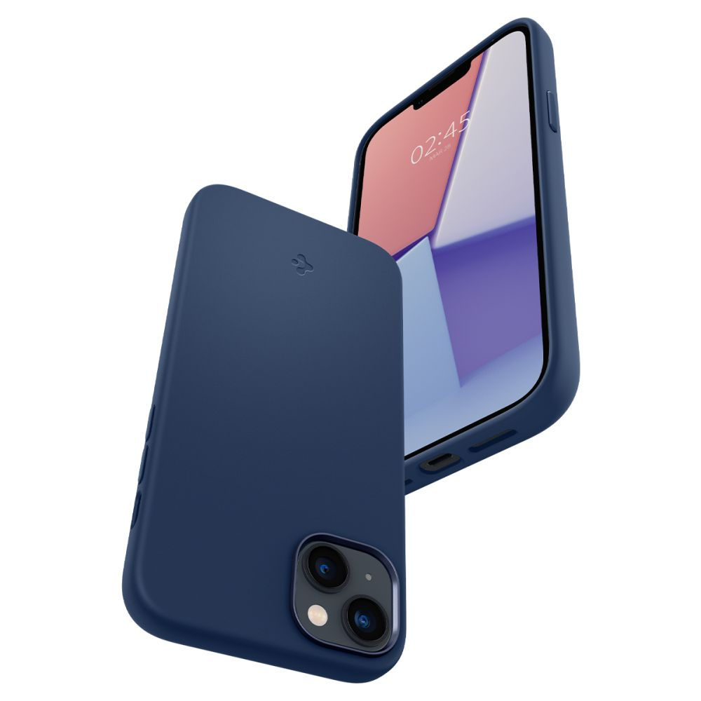 Custodia blu scuro e parte di uno smartphone con schermo bloccato.