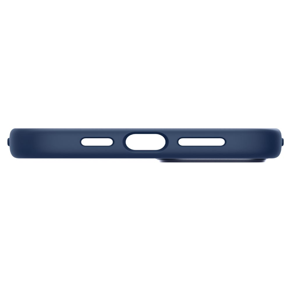 Custodia per telefono blu scuro con ritagli per pulsanti e porte.