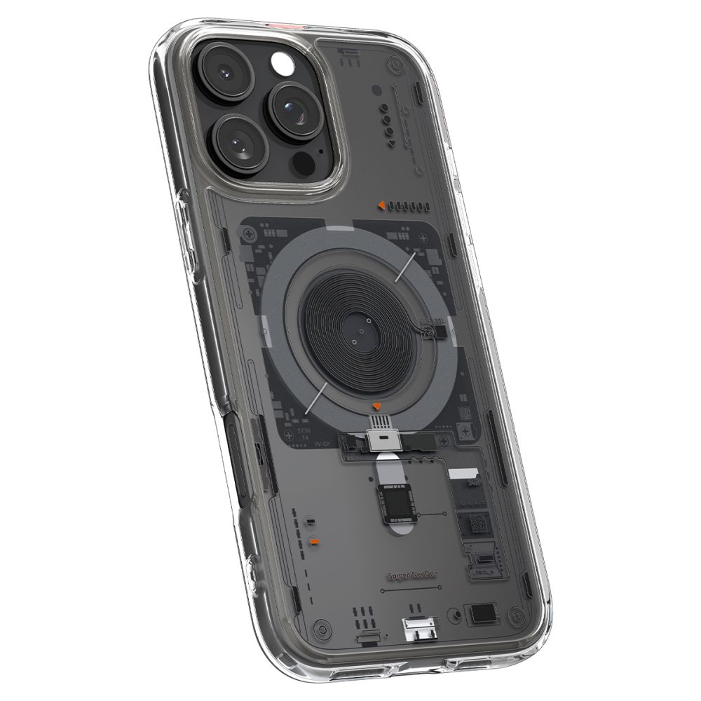 Custodia trasparente per telefono che mostra componenti interni e anello magnetico.