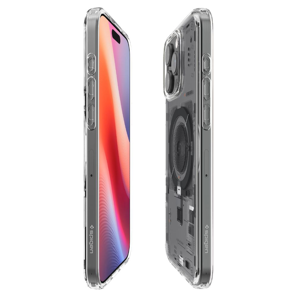 Due custodie trasparenti per iPhone sono mostrate. Quella a sinistra è rivolta in avanti, mostrando lo schermo del telefono. Quella a destra è rivolta all'indietro, rivelando i componenti interni del telefono.