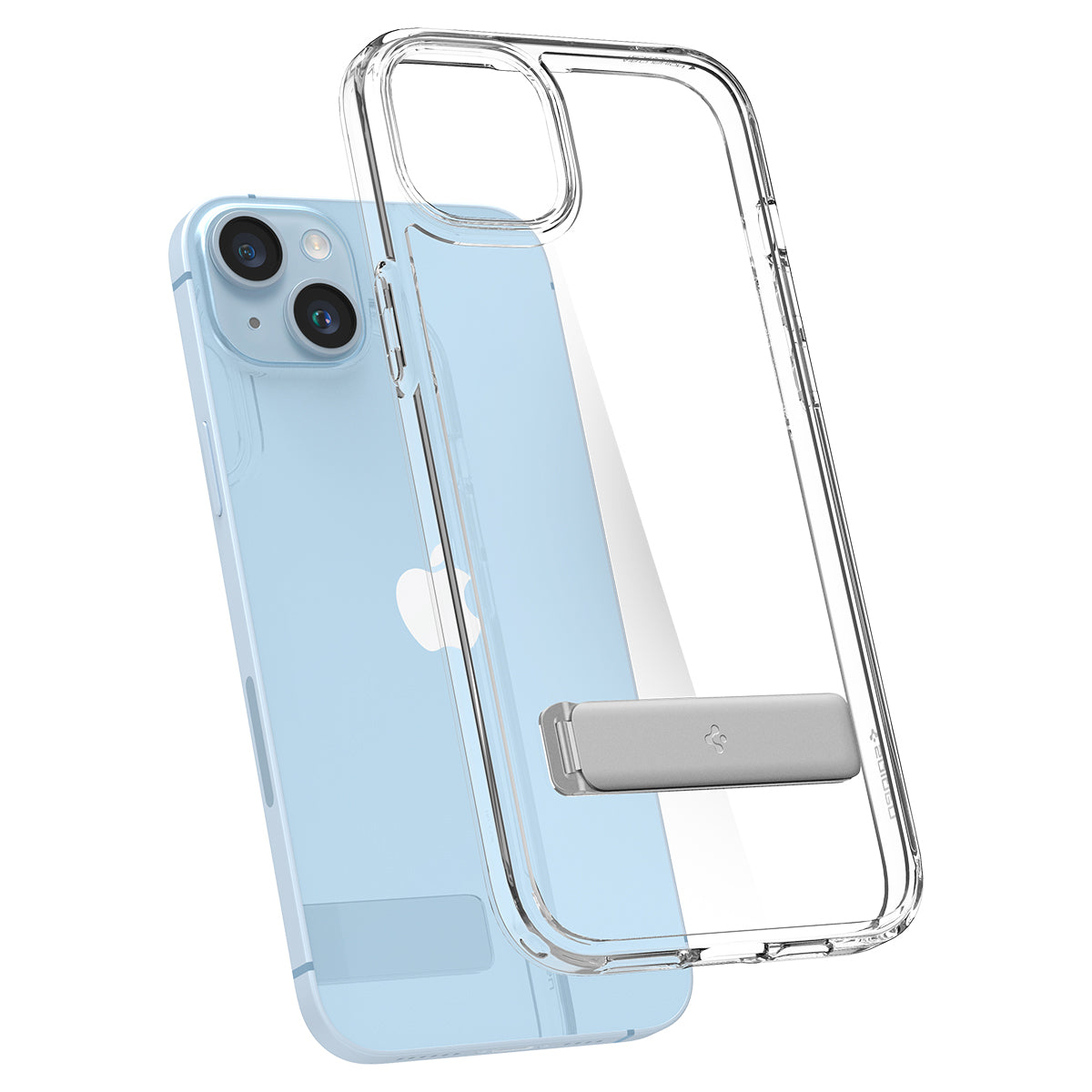 Un iPhone azzurro con una custodia trasparente dotata di supporto.