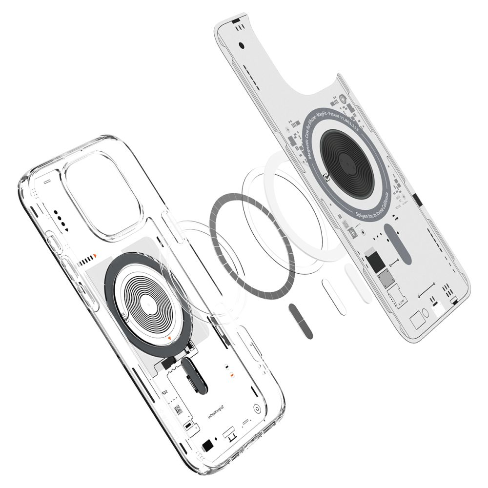 Custodia trasparente per telefono con anello magnetico e componenti interni.