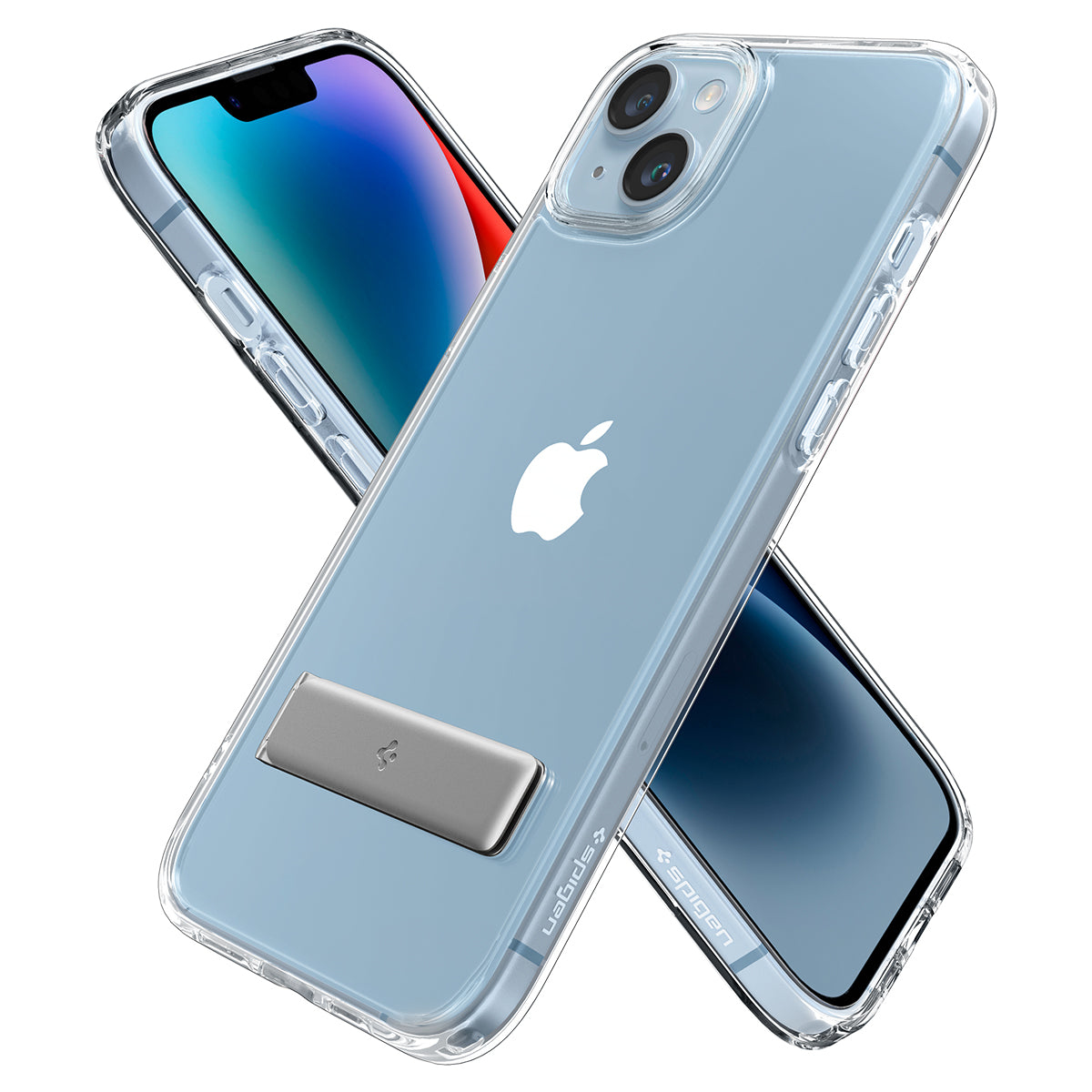 Due custodie trasparenti per telefono con logo Apple e cavalletto.