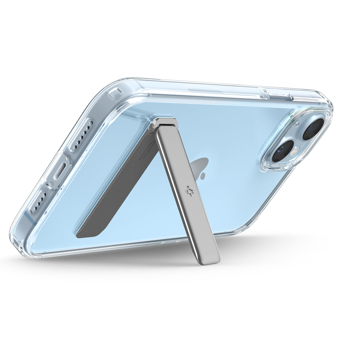 Custodia trasparente per telefono con cavalletto argentato su un telefono blu.