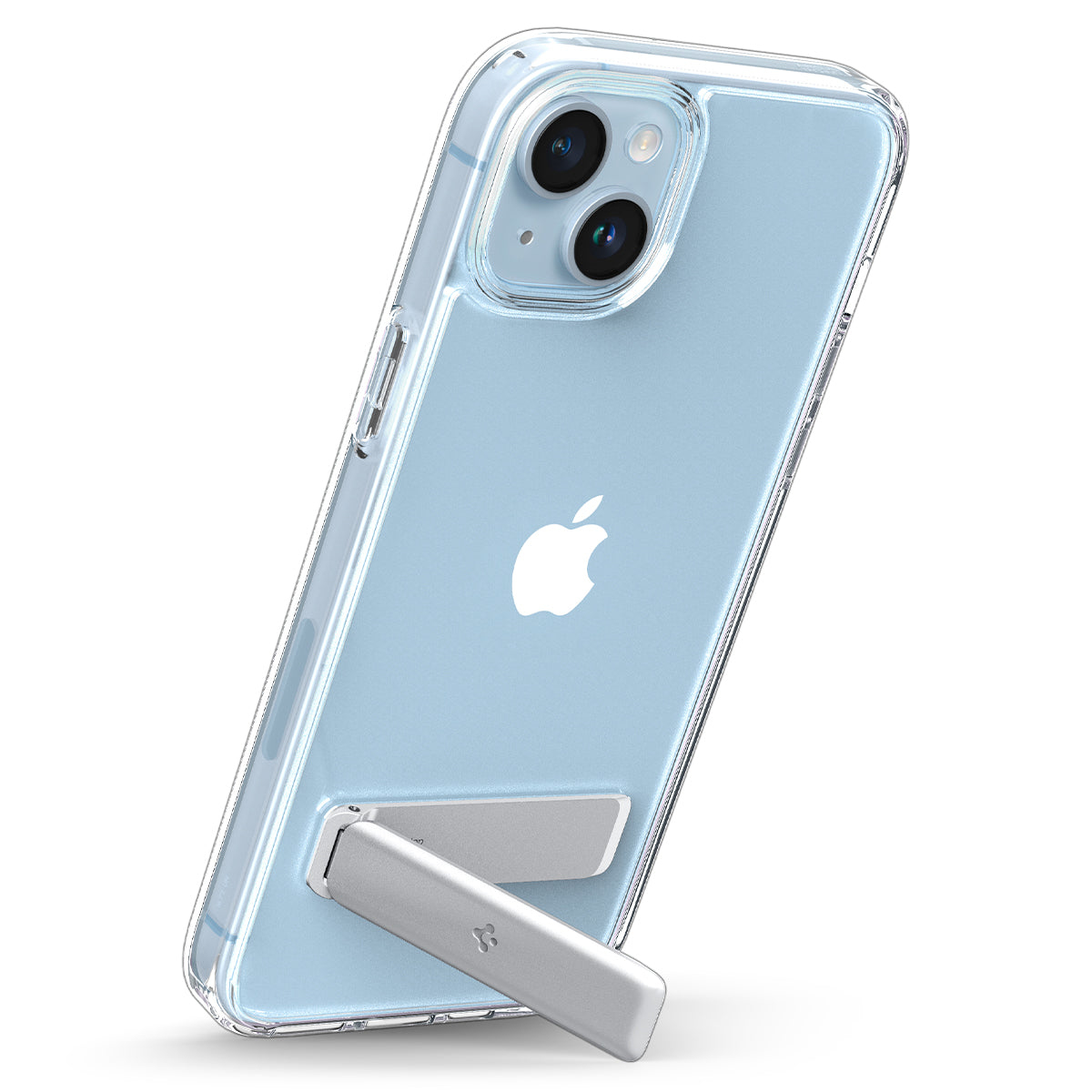 Una custodia trasparente per telefono con un telefono colorato di blu e un cavalletto argentato.