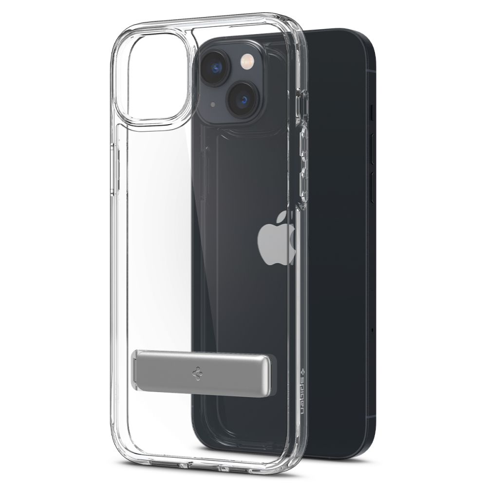 Una custodia trasparente per iPhone con un cavalletto argentato su un iPhone nero, vista da una leggera angolazione su sfondo bianco.
