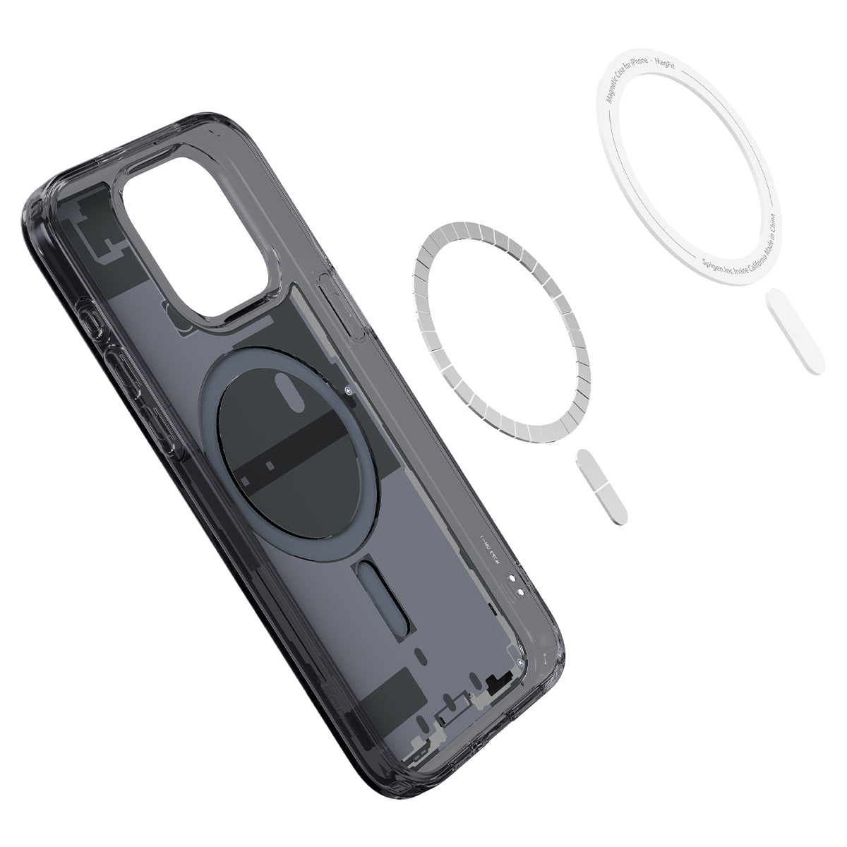 Custodia trasparente per telefono con anelli MagSafe e inserti su sfondo bianco.