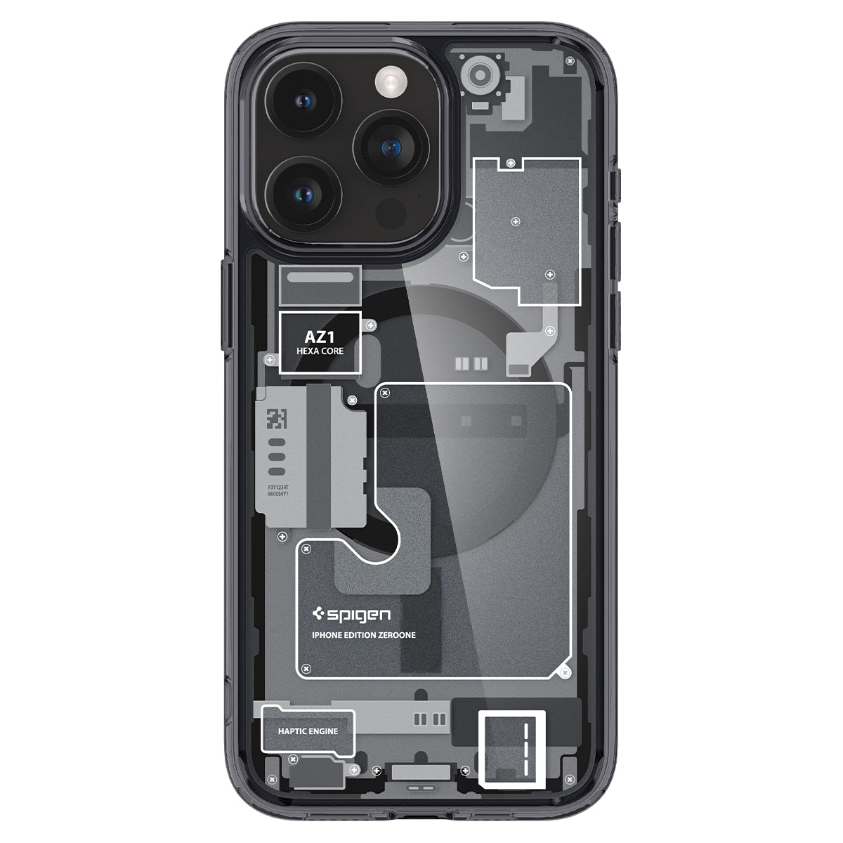 Custodia trasparente con schema dei componenti interni dell'iPhone.