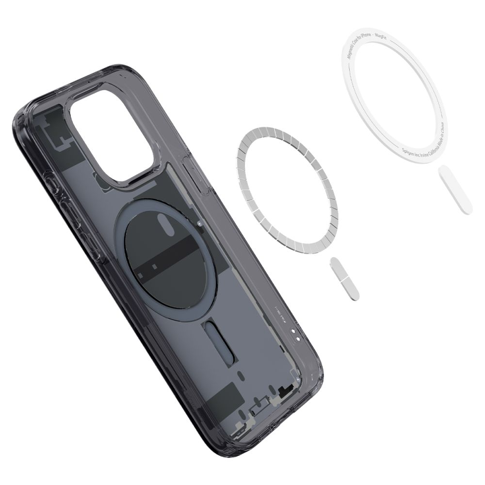 Custodia trasparente per telefono con anelli magnetici e perni su sfondo bianco.