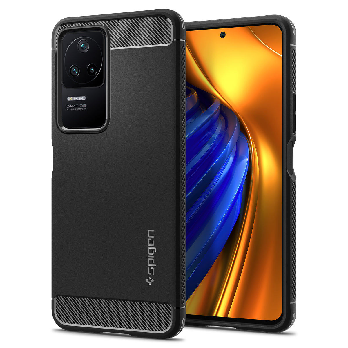 Custodia nera per telefono con accenti in carbonio accanto a uno smartphone con display colorato.