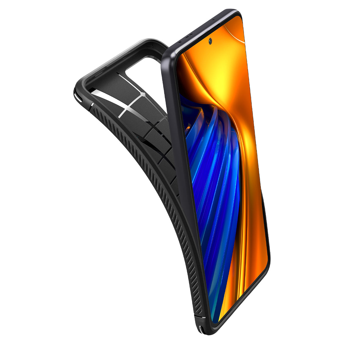 Cover nera per telefono con motivo testurizzato, accanto a uno smartphone con sfondo arancione e blu.
