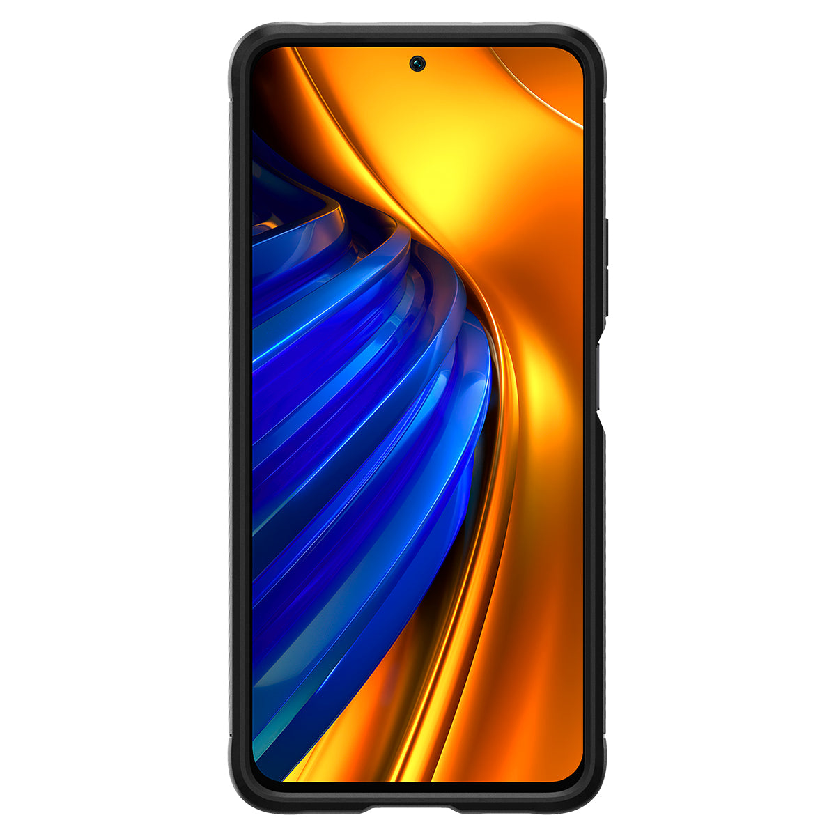 Uno smartphone nero con uno sfondo astratto blu e oro.