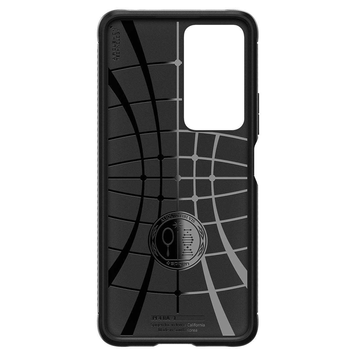 Una custodia per telefono nera con motivo a griglia e logo Spigen circolare sul retro, con ritaglio per la fotocamera.