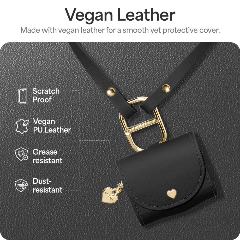 Custodia nera in ecopelle con hardware dorato, ciondolo a cuore. Caratteristiche: Antigraffio, Ecopelle PU, Resistente a grasso/polvere.