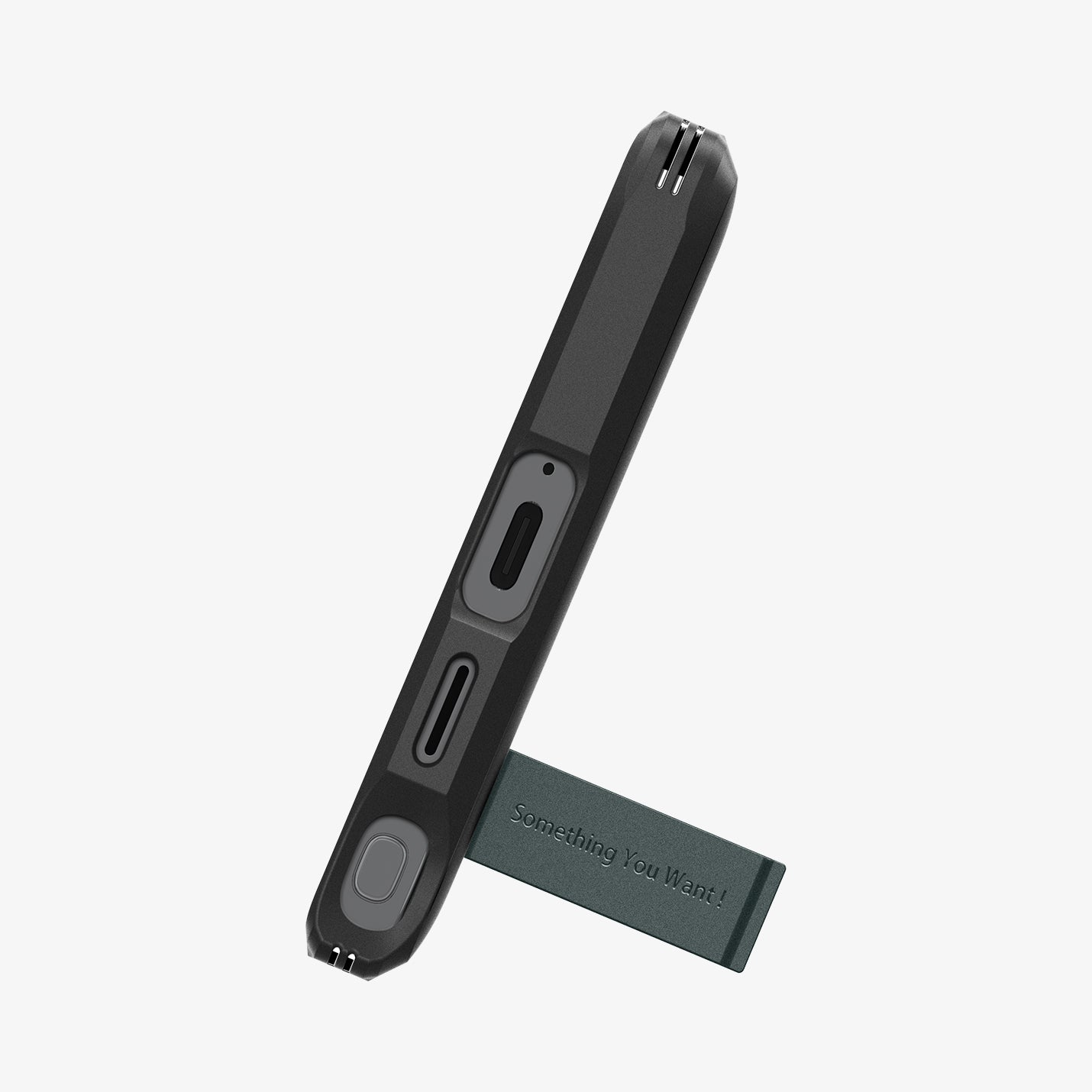 Una custodia per telefono nera con supporto integrato, su sfondo grigio.
