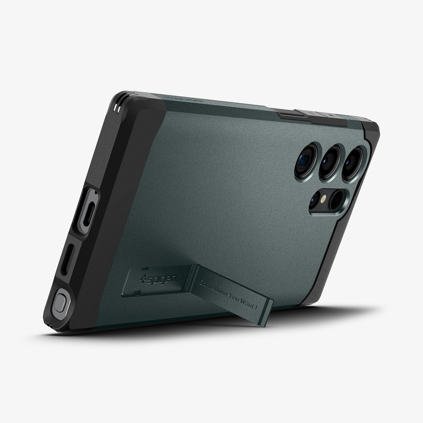 Custodia verde scuro per telefono con cornice nera e cavalletto su sfondo bianco.