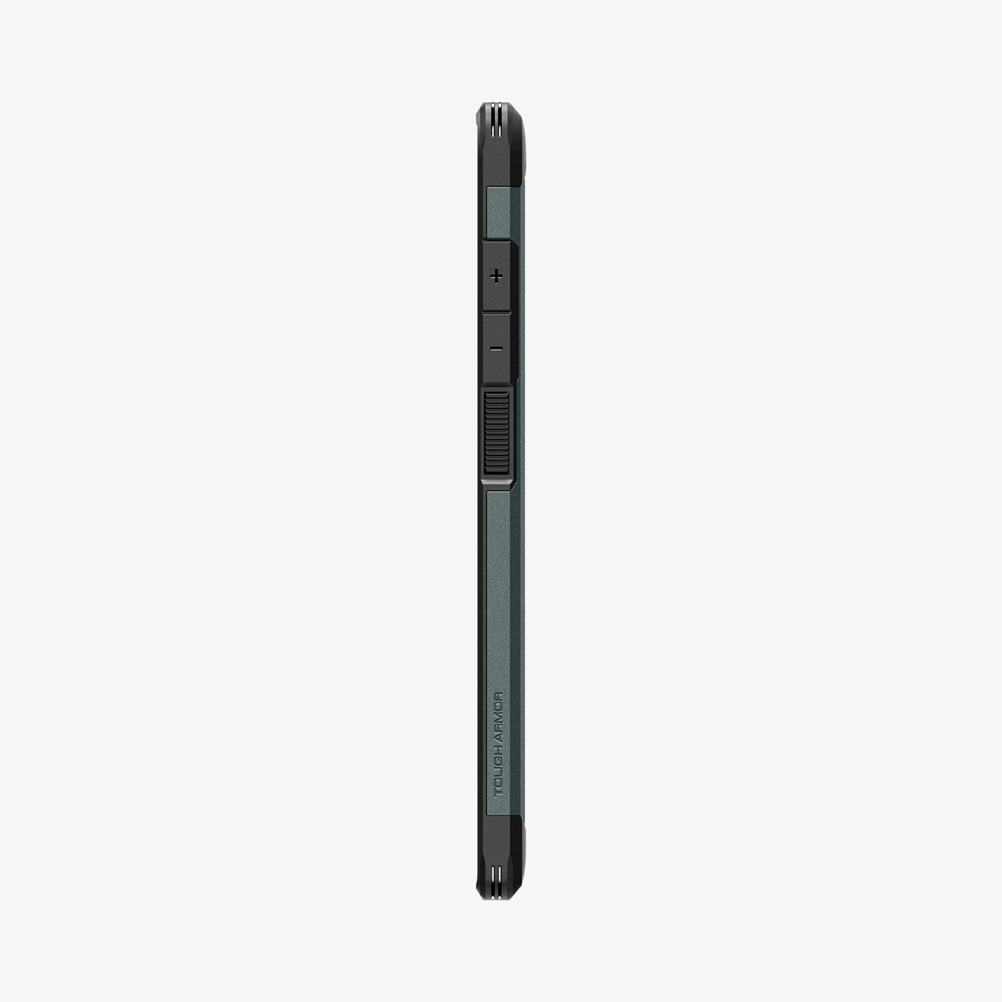 Custodia grigia per telefono con pulsanti volume e testo "TOUGH ARMOR".