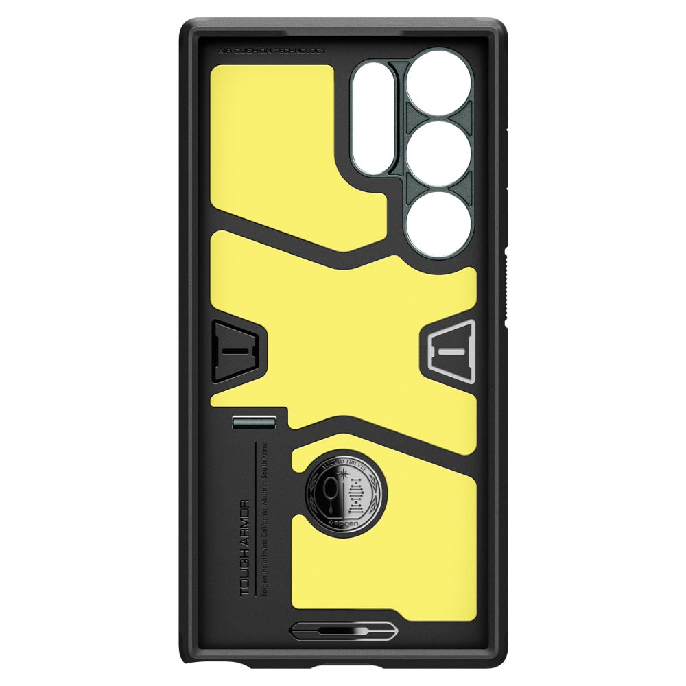 Custodia nera per telefono con accenti gialli e ritagli per fotocamera.