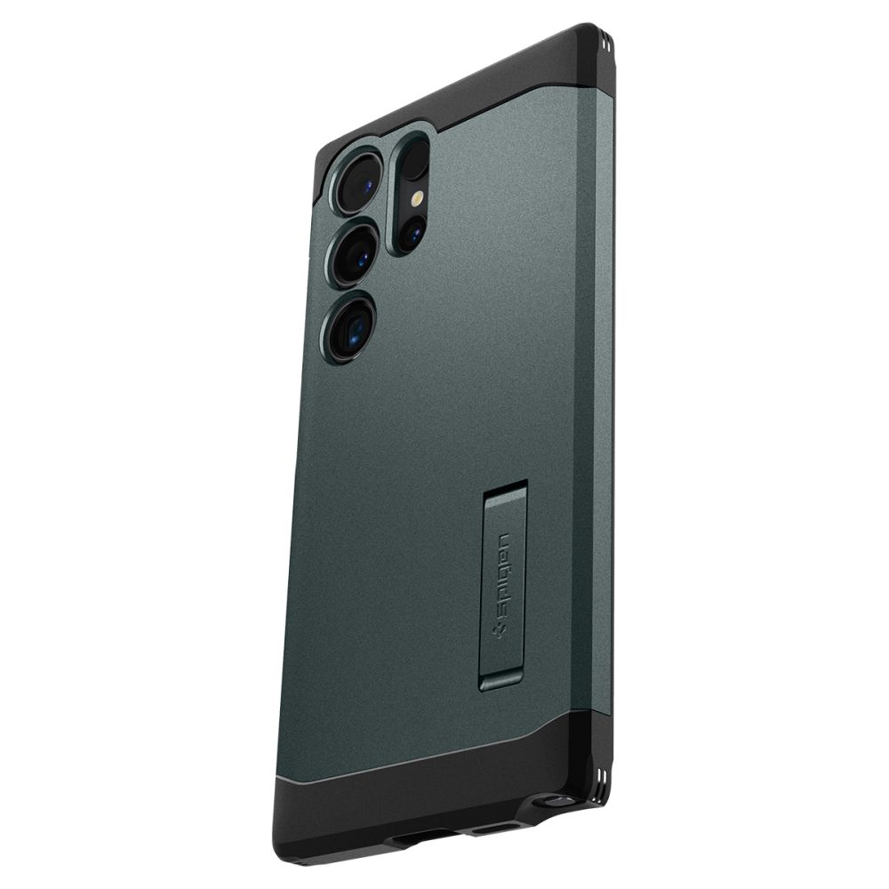 Custodia per telefono verde scuro con cornice nera e cavalletto.