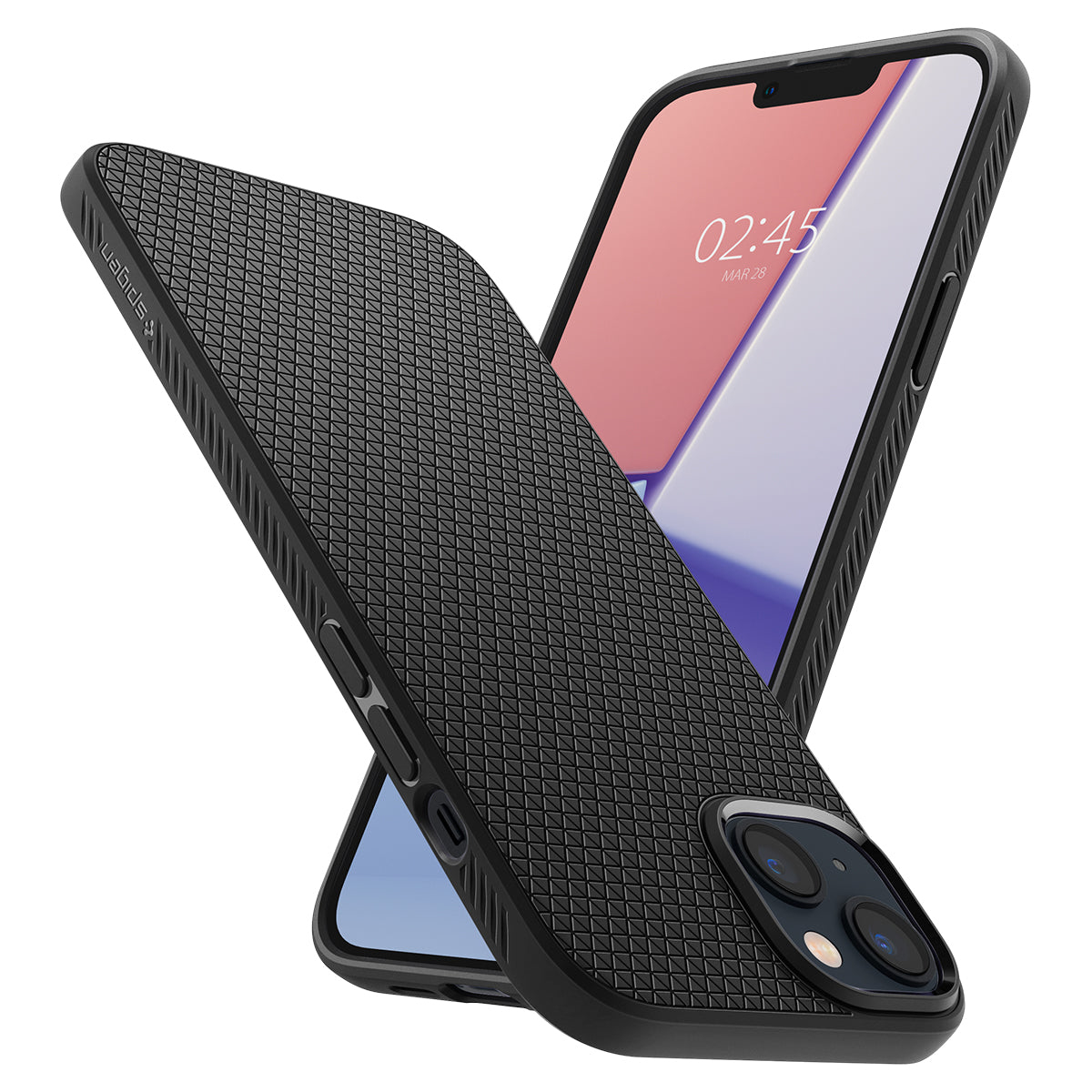 Cover nera per telefono con motivo a rombi, mostra un iPhone con orario 02:45.