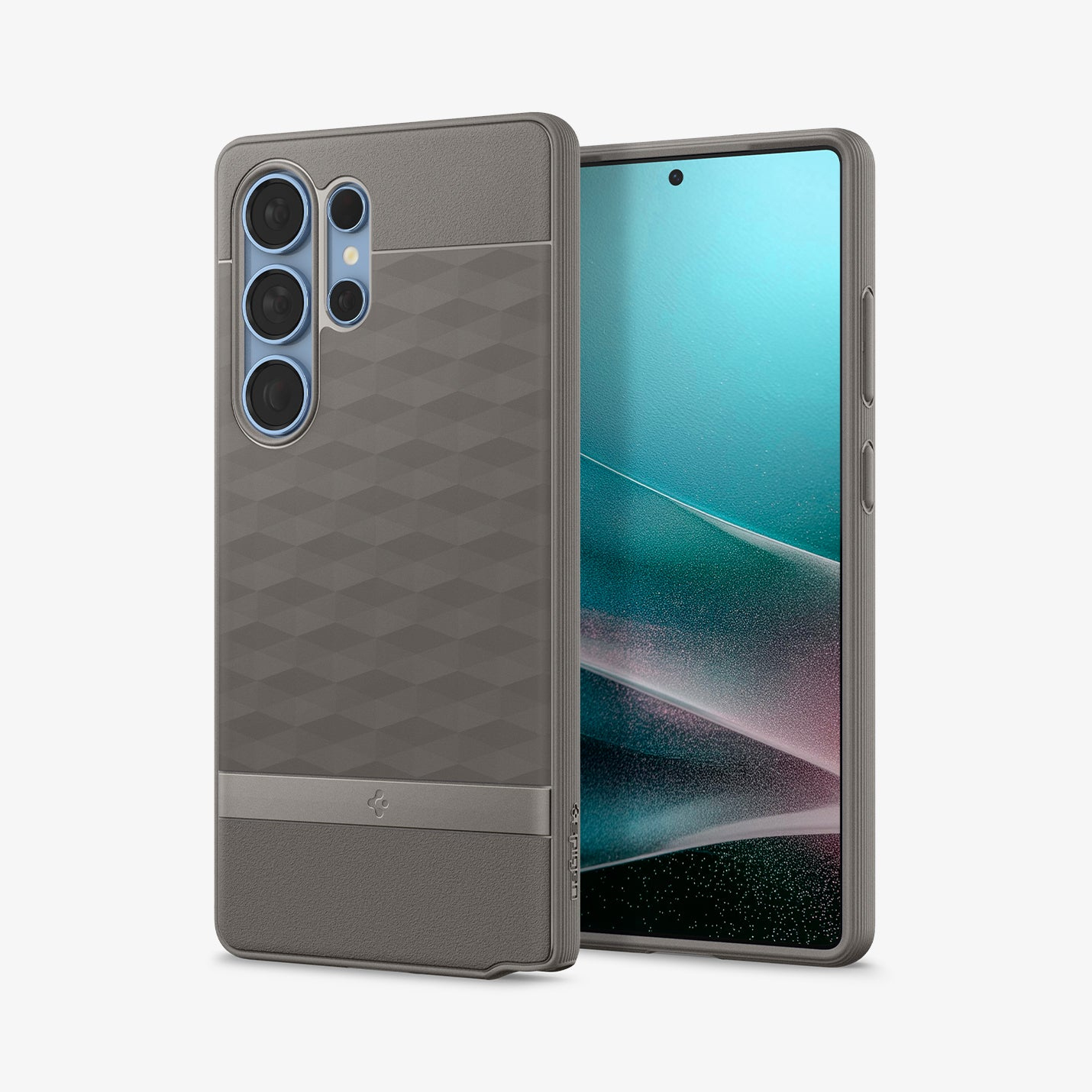Uno smartphone grigio in una custodia testurizzata, angolato per rivelare il suo schermo con uno sfondo astratto colorato, su sfondo bianco.