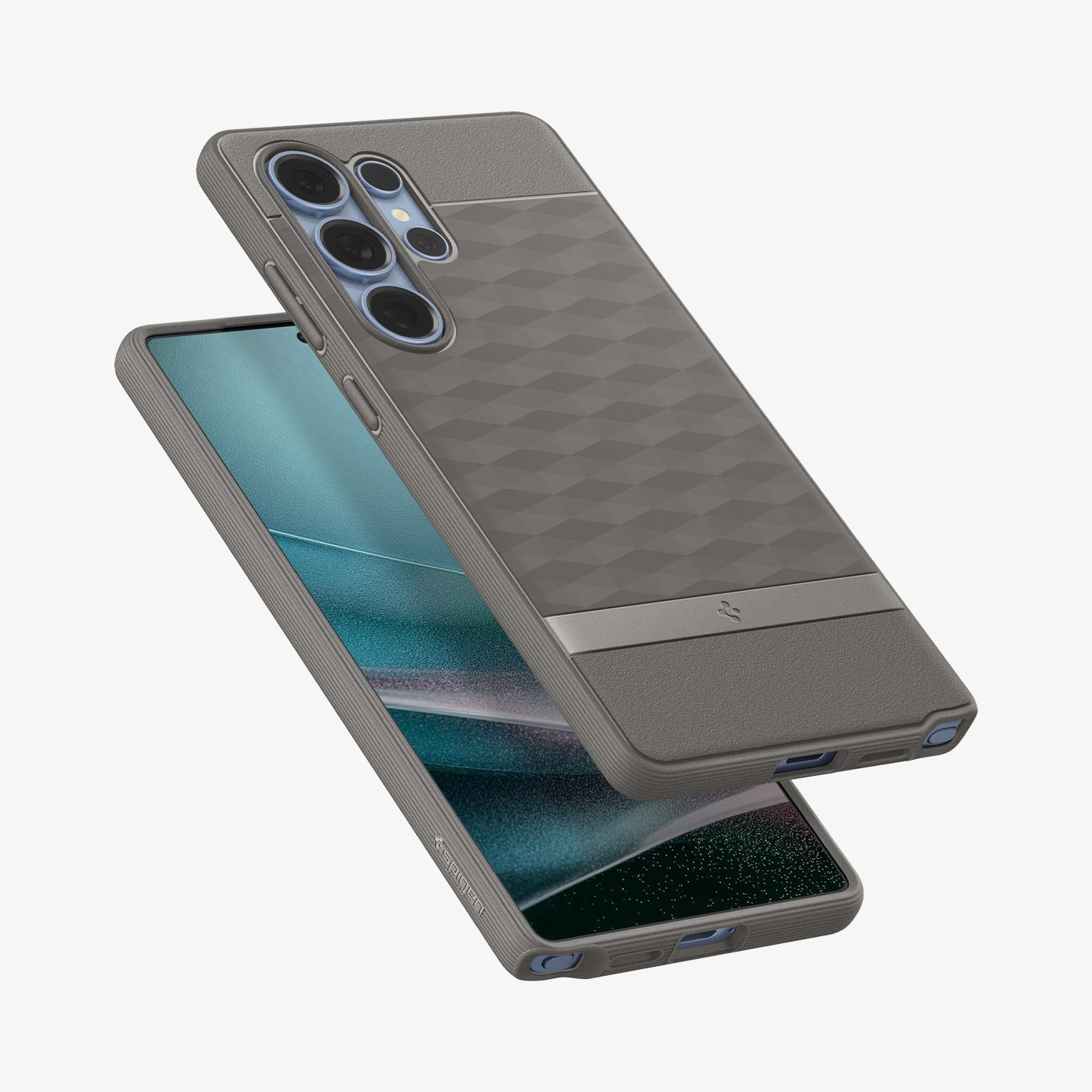 Custodia grigia per telefono con motivo geometrico, su uno smartphone.