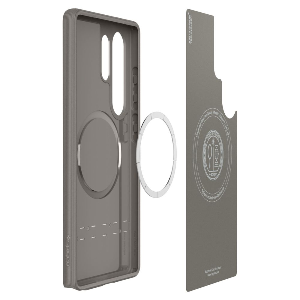 Custodia grigia per telefono con anello magnetico e istruzioni su cartone grigio.