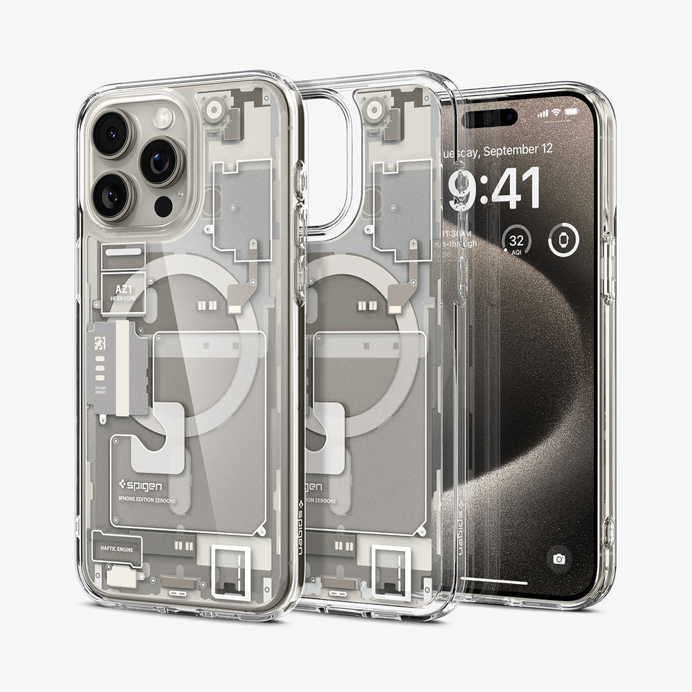 Custodie trasparenti per iPhone con design interno schematico, che mostrano i componenti.