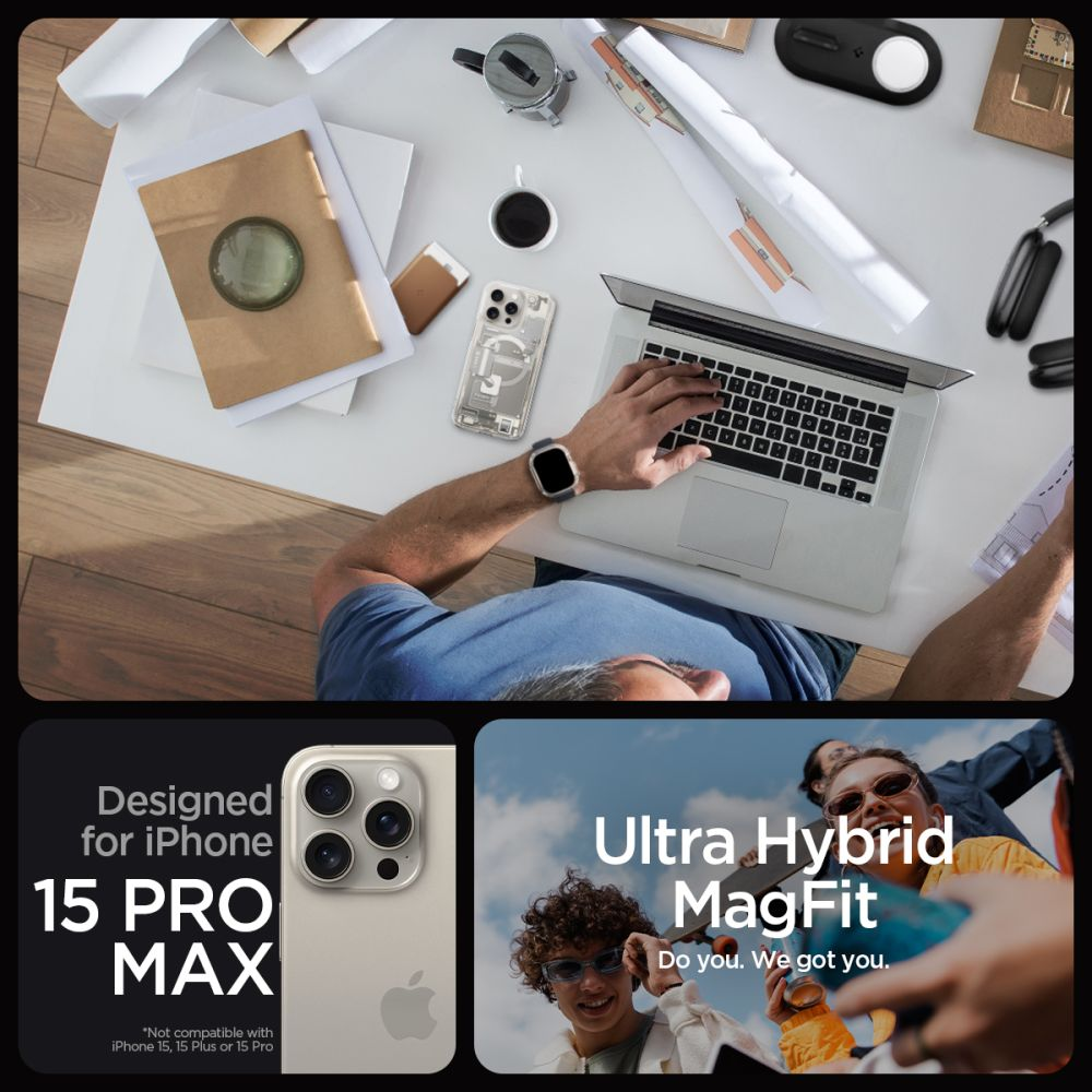 Uomo alla scrivania con laptop, iPhone 15 Pro Max e custodia MagFit.