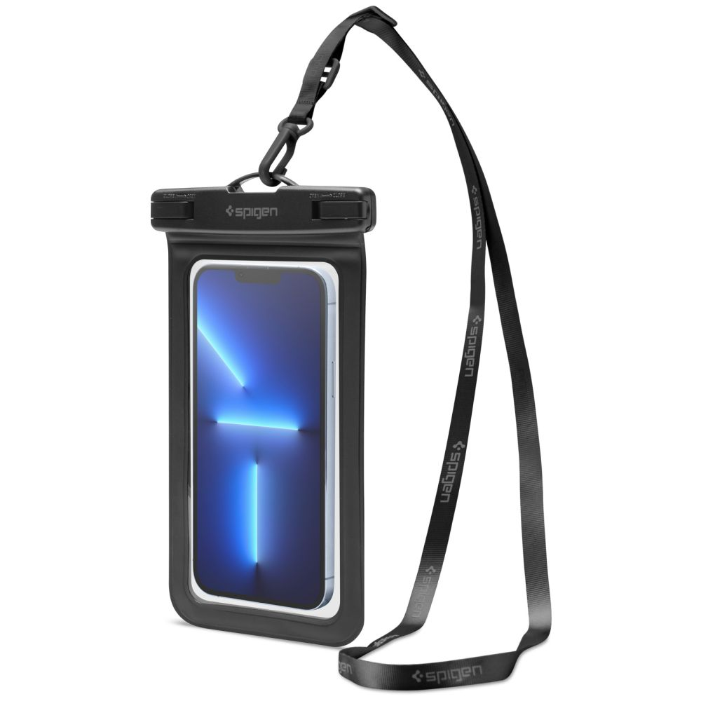 Custodia impermeabile nera per telefono con laccetto e logo Spigen.