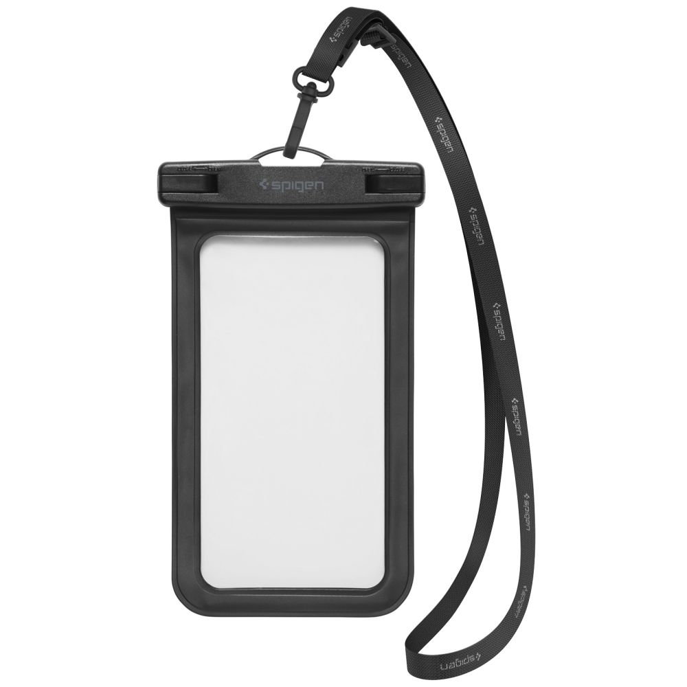 Borsa impermeabile Spigen nera con schermo bianco e laccetto nero.