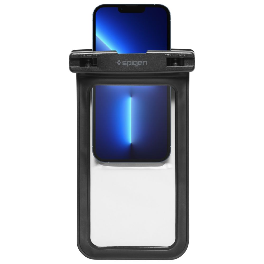 Custodia impermeabile nera per telefono con schermo blu.