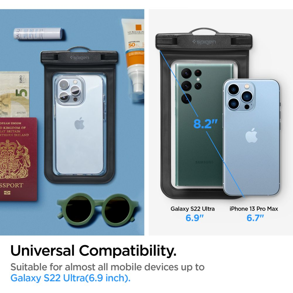 Una custodia impermeabile mostra un iPhone e un telefono Samsung, accanto a un passaporto e denaro.