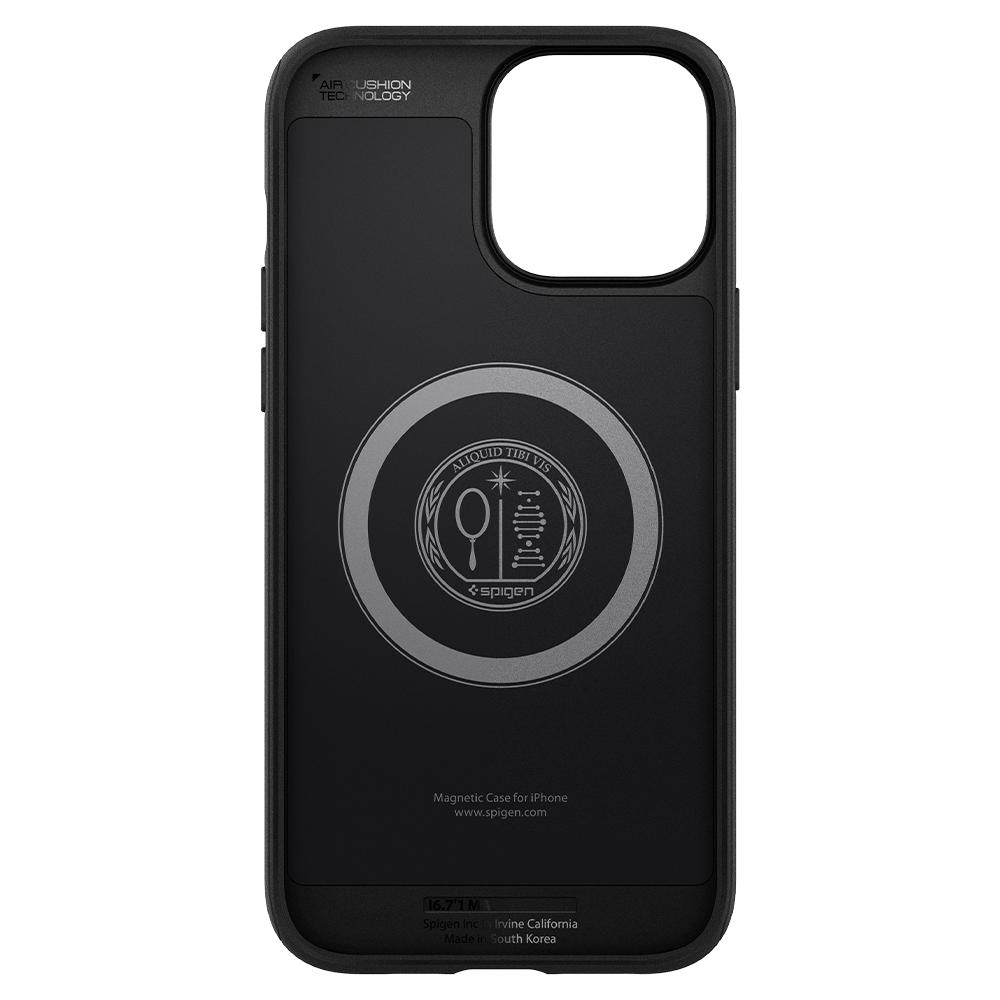 Custodia nera per iPhone con logo 'Air Cushion Technology' e marchio Spigen.