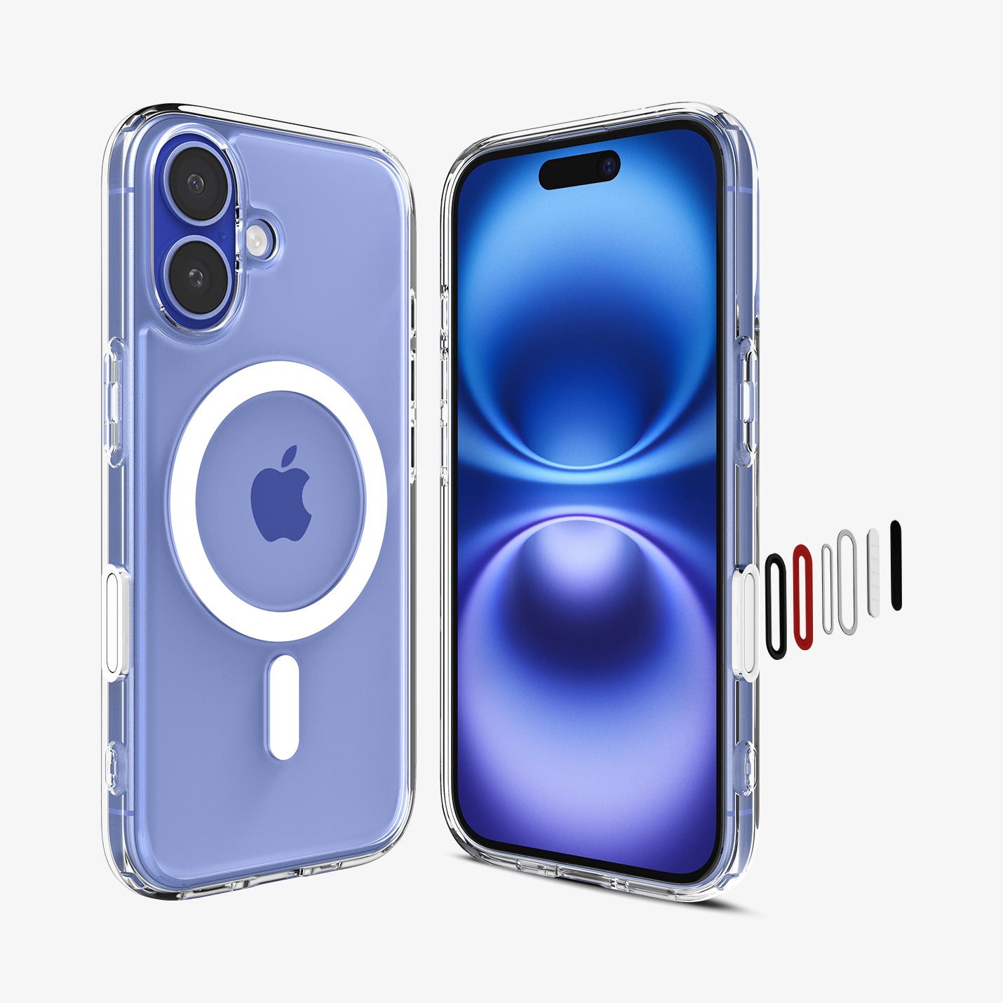 Due custodie trasparenti per telefono: una mostra un iPhone viola con fotocamere e MagSafe. L'altra mostra uno schermo e pulsanti colorati.