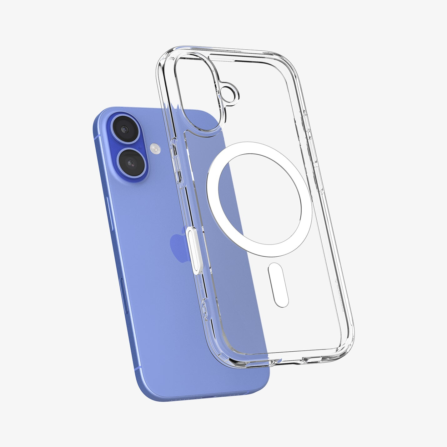 Una custodia trasparente per telefono con anello magnetico giace su un telefono blu.