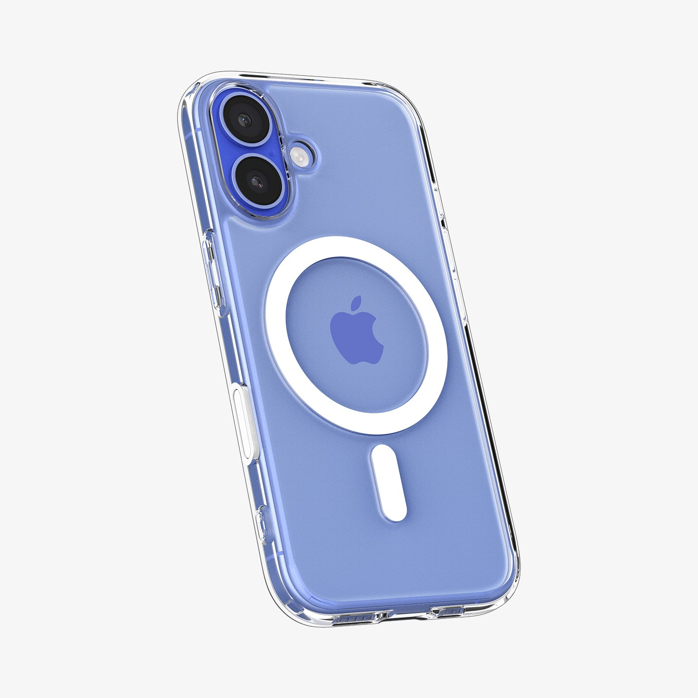 Custodia trasparente su telefono blu con logo Apple.