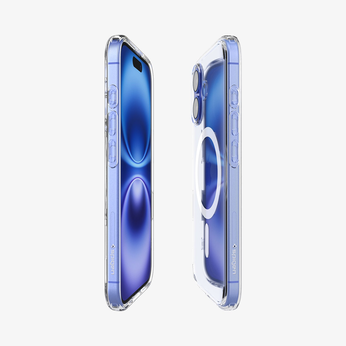 Due custodie trasparenti per telefono con telefoni viola all'interno. Logo Spigen visibile.