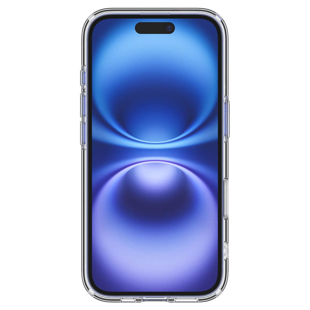 Custodia trasparente per smartphone con sfondo blu e notch nero in alto.
