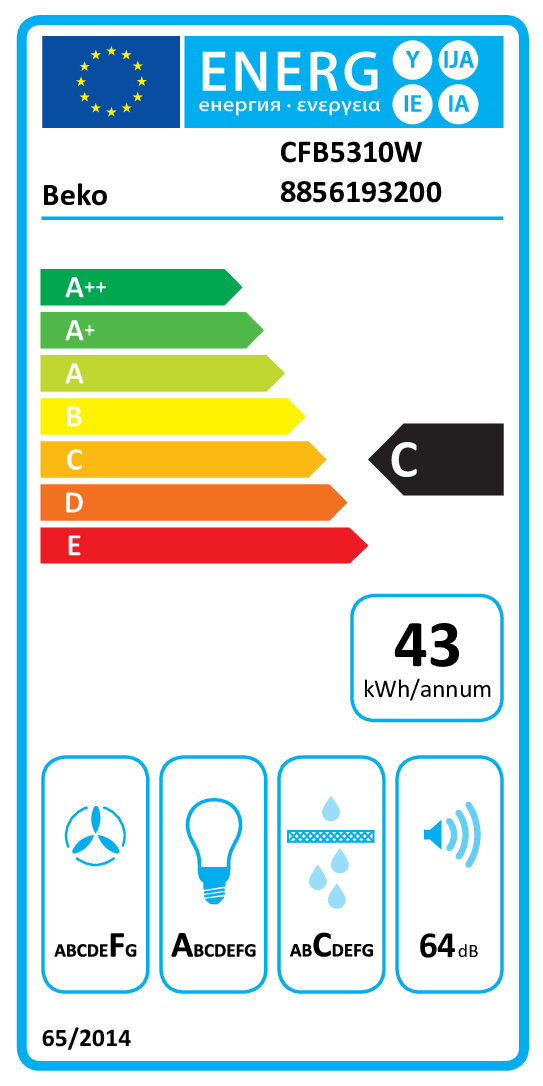 Etichetta energetica Beko CFB5310W, efficienza C, 43 kWh/anno.