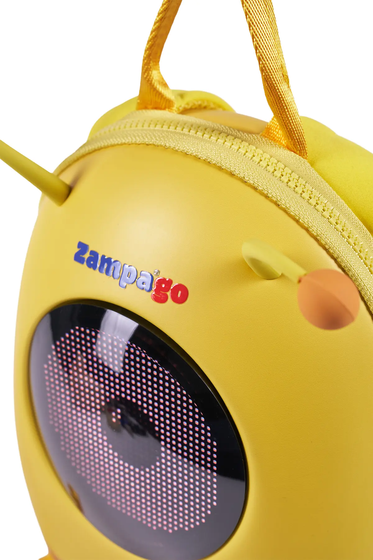 Fermuarlı ve "Zampago" logolu sarı sırt çantası. Antenleri var.