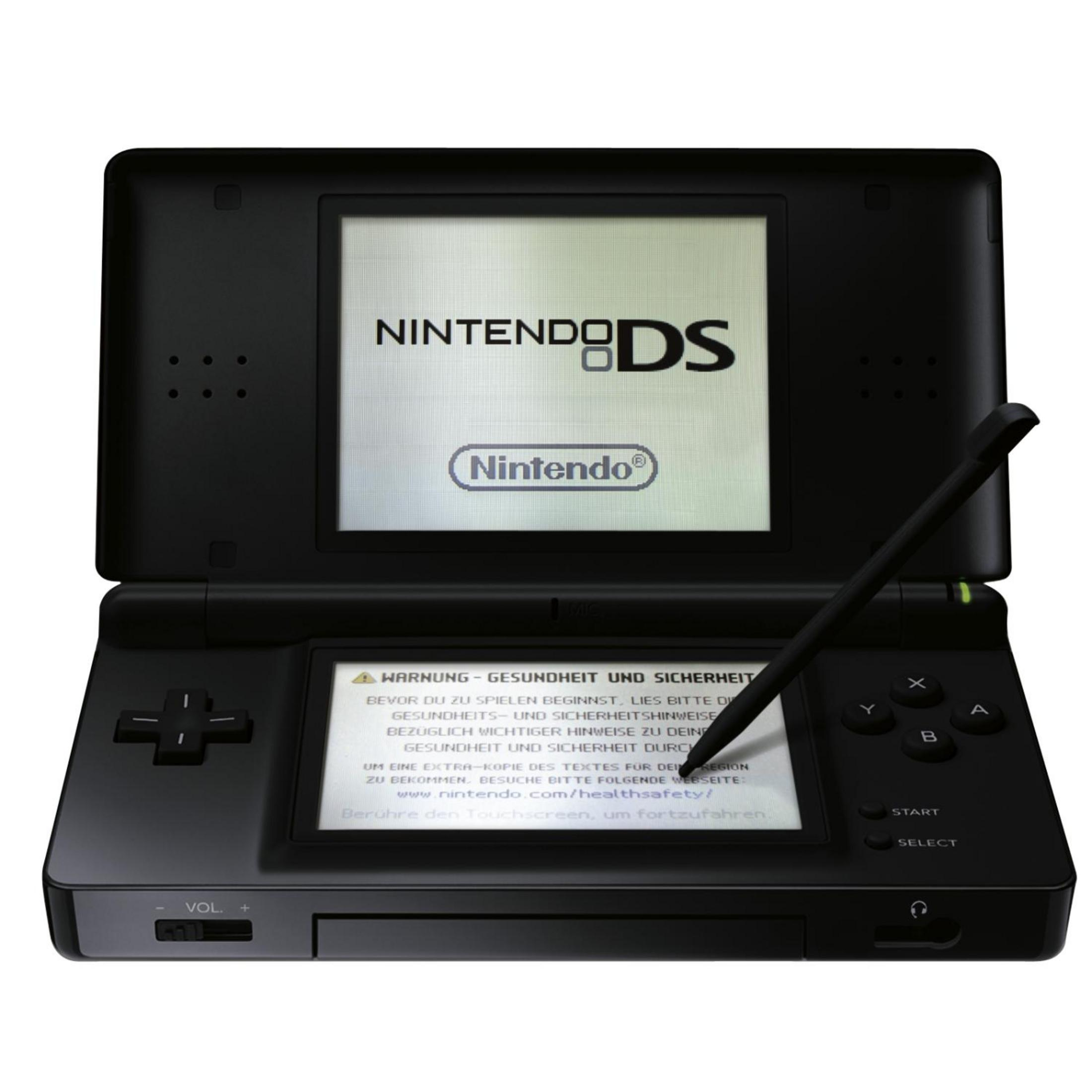 Een zwarte Nintendo DS met stylus. Het scherm toont waarschuwingsberichten.