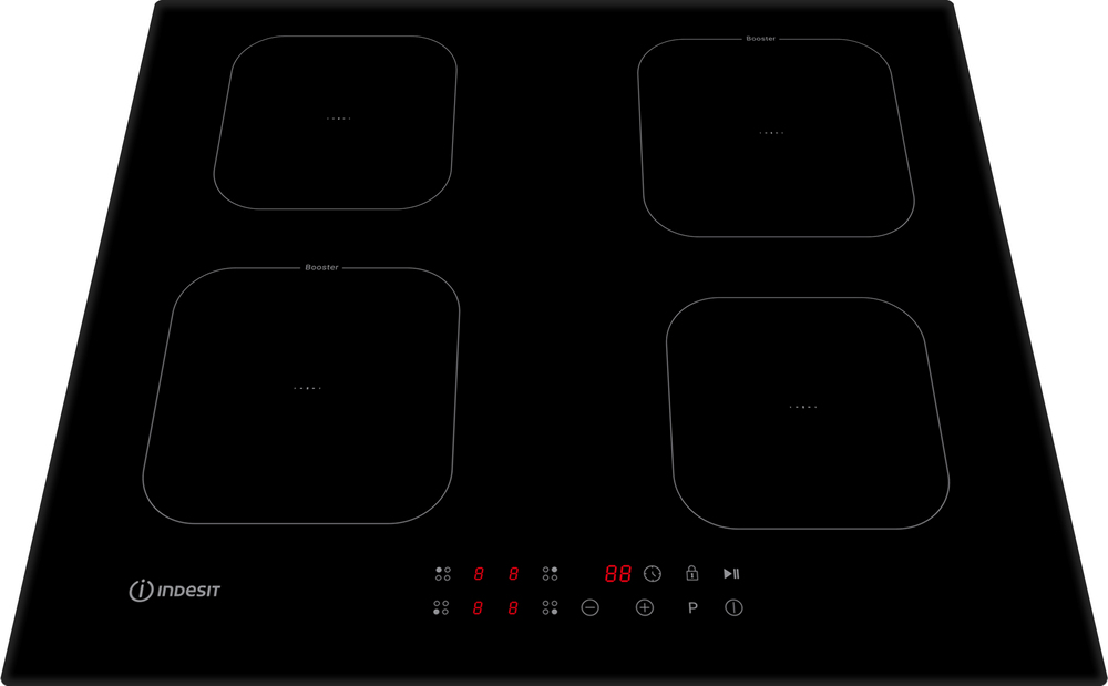 Piano cottura a induzione nero con quattro zone di cottura e display digitale.