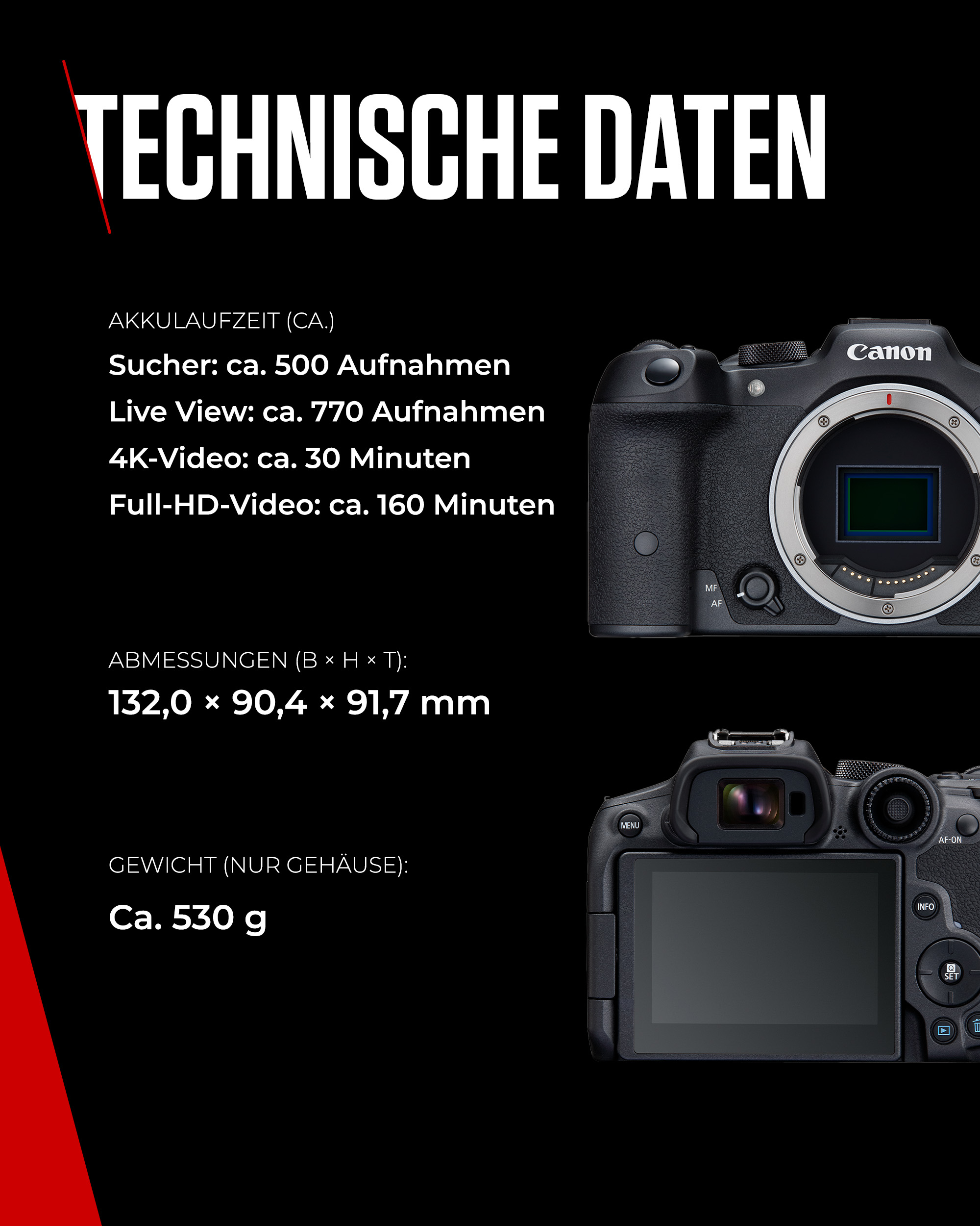 Canon fotoğraf makinesi teknik verileri: pil ömrü, boyutlar ve ağırlık.