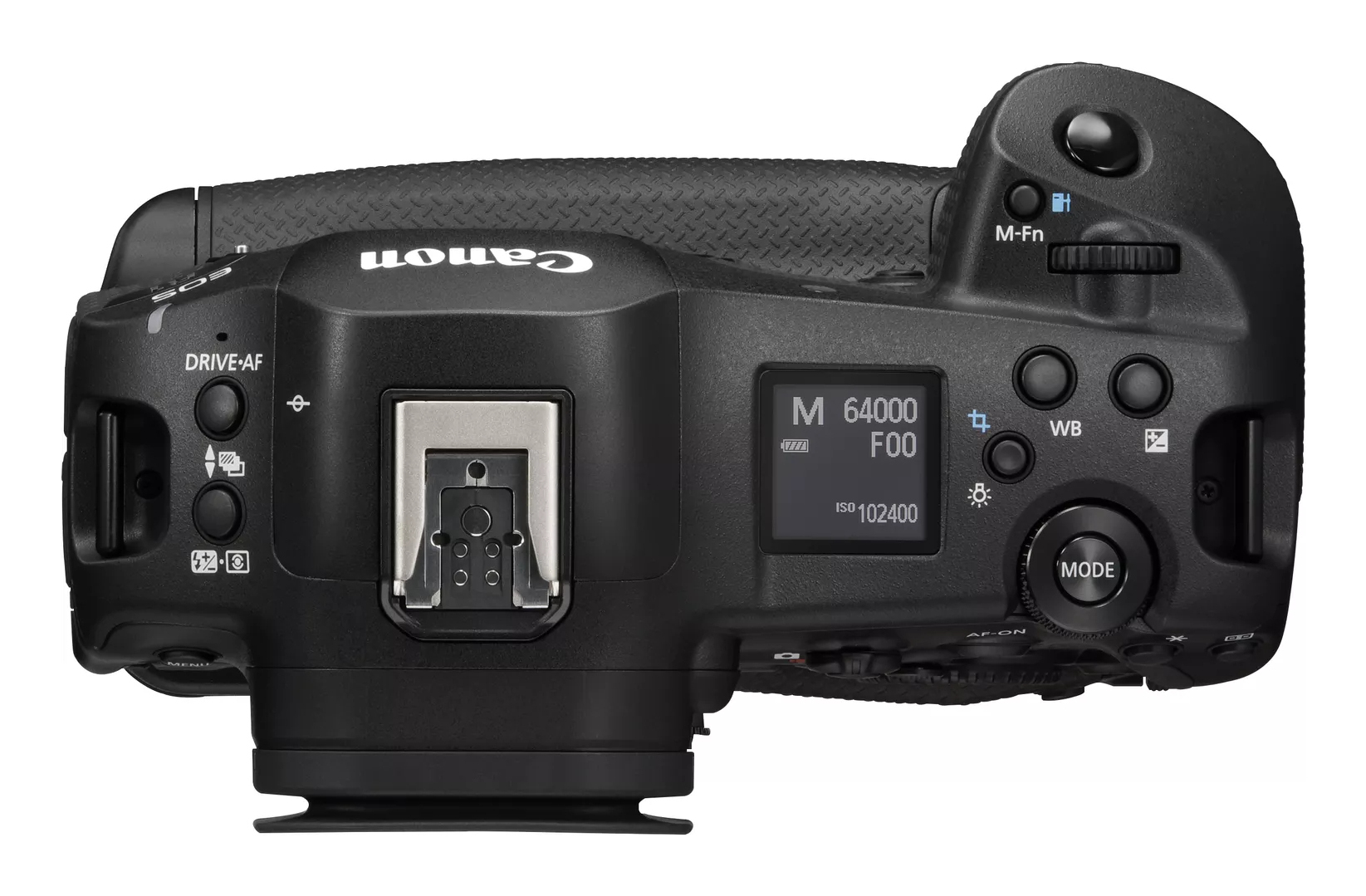 Draufsicht einer schwarzen Canon EOS R Kamera mit Knöpfen, Wählrad, Bildschirm und Blitzschuh.
